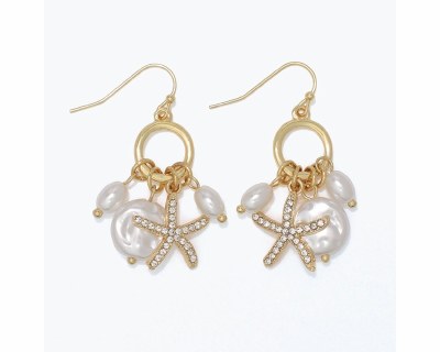 Gold Toned Starfish Faux Pearl Hoop Earrings