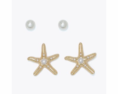Set of Two Gold Toned Starfish Faux Pearl Earrings