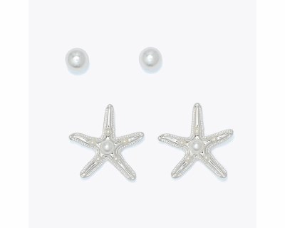 Set of Two Silver Toned Starfish Faux Pearl Earrings