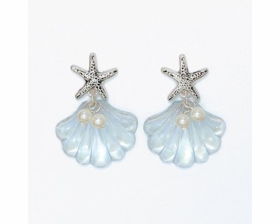 Silver Toned Blue Inlay Starfish Scallop Shell Earrings