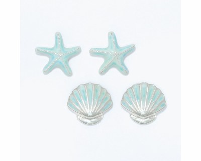 Set of Two Silver Toned Aqua Inlay Starfish and Scallop Shell Earrings