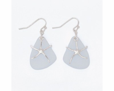 Silver Toned Starfish and Blue Seaglass Earrings