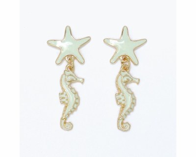 Gold Toned Green Inlay Seahorse Starfish Earrings