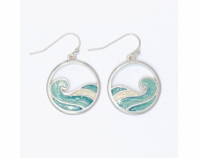 Silver Toned Aqua Inlay Wave Earrings