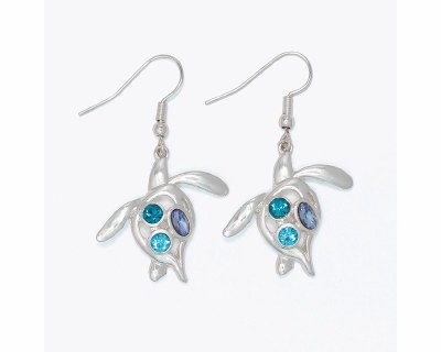 Silver Toned Blue Bling Sea Turtle Earrings