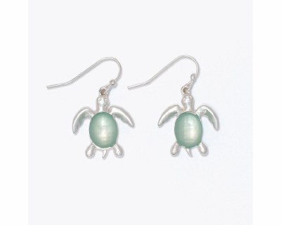 Silver Toned Aqua Inlay Sea Turtle Earrings