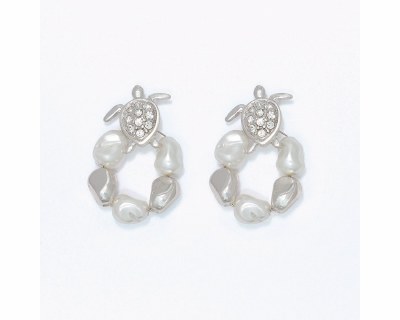 Silver Toned Faux Pearls and Bling Circle Sea Turtle Earrings