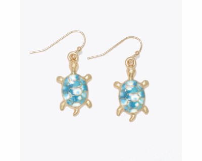 Gold Toned Blue Inlay Sea Turtle Earrings
