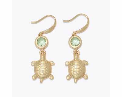 Gold Toned Green Bling Sea Turtle Earrings