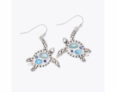 Silver Toned Blue Bling Sea Turtles Earrings