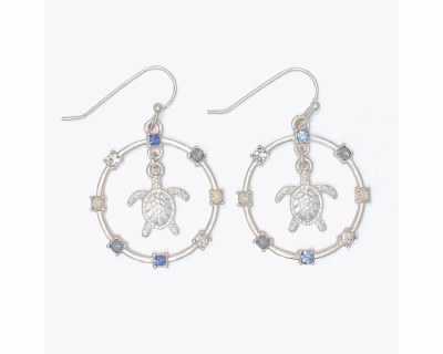 Silver Toned Blue Bling Sea Turtle Hoop Earrings