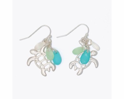 Silver Toned Aqua Bead Cluster Sea Turtle Earrings