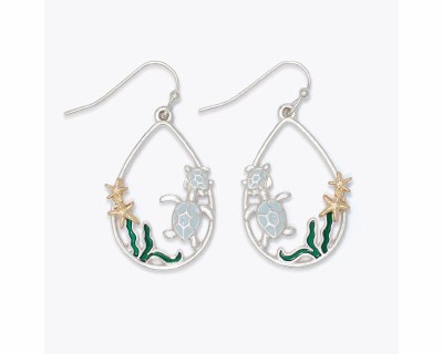 Silver and Gold Toned Multicolor Sea Turtle Teardrop Shaped Earrings