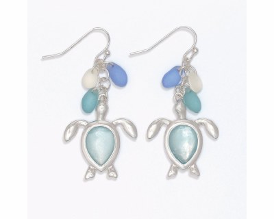 Silver Toned Aqua Inlay Sea Turtle Dangle Earrings