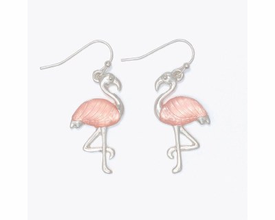 Silver Toned Pink Inlay Flamingo Earrings