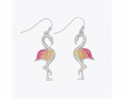 Silver Toned Multicolor Inlay Flamingo Earrings