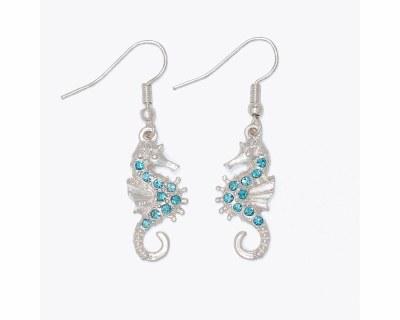 Silver Toned Aqua Inlay Seahorse Earrings