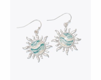 Silver Toned Aqua Inlay Sun Earrings
