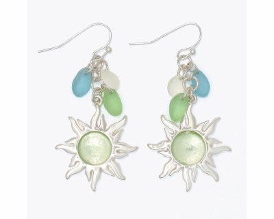Silver Toned Green Inlay Sun Dangle Earrings