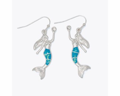 Silver Toned Blue Inlay Mermaid Earrings