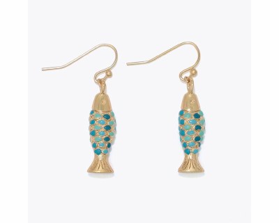 Gold Toned Aqua Inlay Fish Earrings