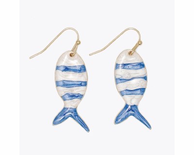 Gold Toned Blue and White Inlay Fish Earrings