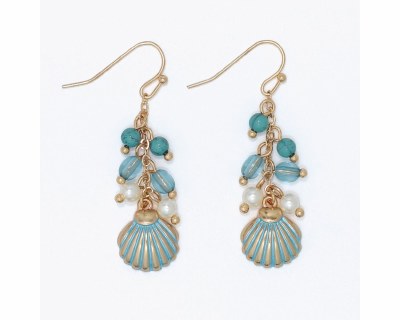 Gold Toned Blue Inlay Seashell Beads Dangle Earrings
