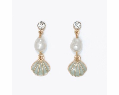 Gold Toned Green Bling Seashell Dangle Earrings