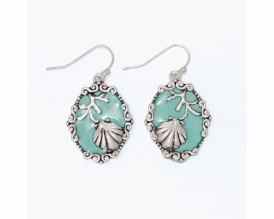 Silver Toned Aqua Inlay Seashell Oval Earrings