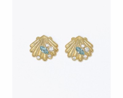 Gold Toned Blue and Clear Bling Seashell Earrings