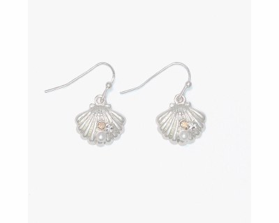 Silver Toned Bling and Faux Pearl Seashell Earrings
