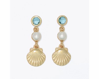Gold Toned Aqua Inlay Bling and Faux Pearl Seashell Drop Earrings