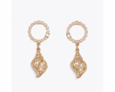 Gold Toned Faux Pearl Conch Shell Earrings