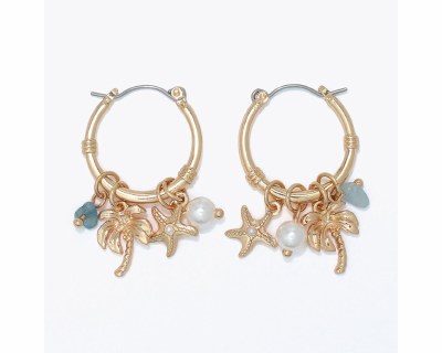 Gold Toned Starfish and Palm Tree Hoop Earrings