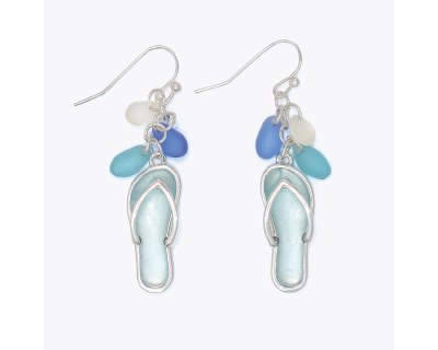 Silver Toned Blue Inlay Flip Flop Dangle Earrings
