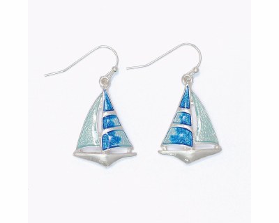 Silver Toned Blue Inlay Sailboat Earrings