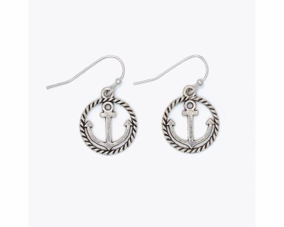 Distressed Silver Toned Anchor in a Ring Earrings