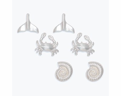Set of Three Silver Toned Crab, Seashell, and Tail Earrings