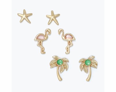 Set of Three Gold Toned Multicolor Inlay Palm Tree, Starfish, and Flamingo Earrings