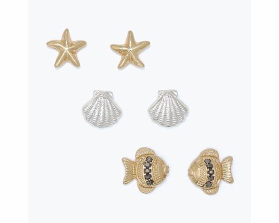 Set of Three Silver and Gold Toned Fish, Starfish, and Seashell Earrings