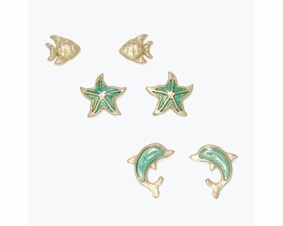 Set of Three Gold Toned Green Inlay Starfish, Dolphin, and Fish Earrings