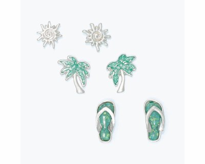 Set of Three Silver Toned Green Inlay Flip Flop, Palm Tree, and Sun Earrings