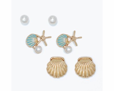 Set of Three Gold Toned Faux Pearl Seashell Earrings