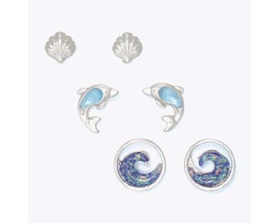 Set of Three Silver Toned Blue Inlay Wave, Dolphin, and Scallop Shell Earrings