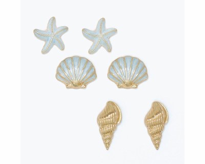 Set of Three Gold Toned Blue Inlay Seashells and Starfish Earrings
