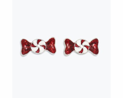 Silver Toned Red and White Inlay Peppermint Candy Earrings