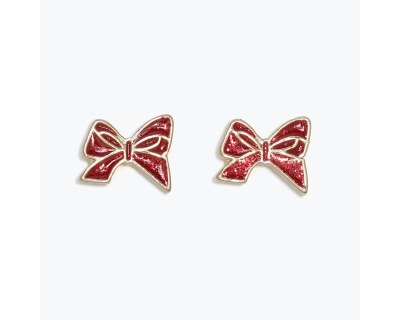 Gold Toned and Red Inlay Bow Earrings