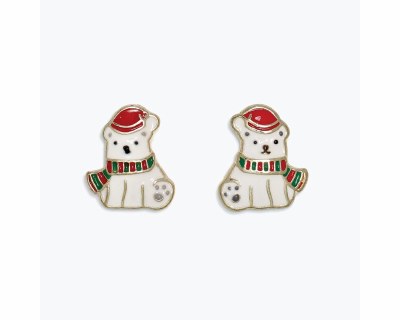 Gold Toned Multicolor Inlay Polar Bear Earrings