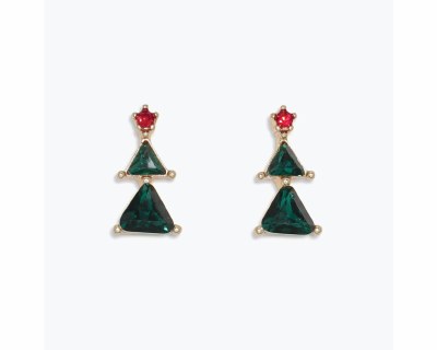 Gold Toned Red and Green Bling Christmas Tree Earrings