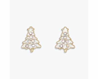 Gold Toned and White Bling Christmas Tree Earrings